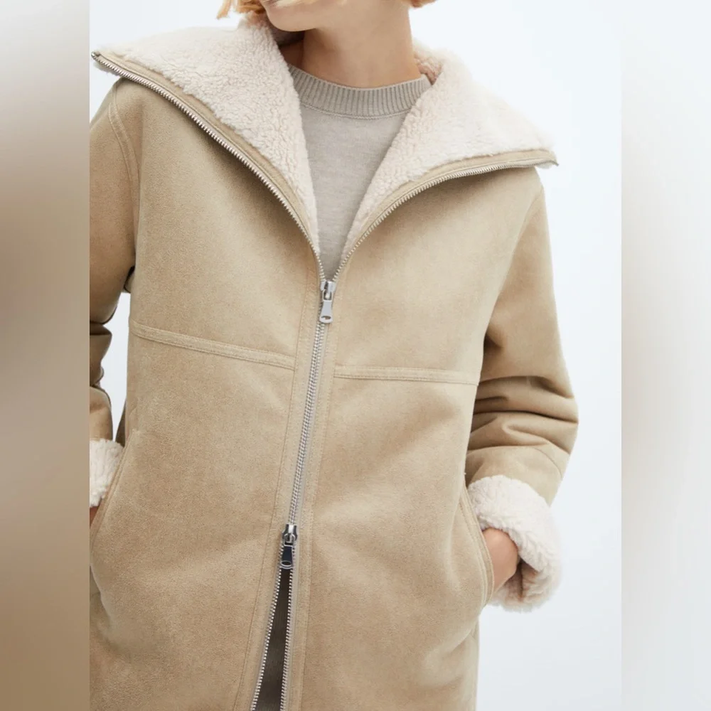 NWOT! MANGO Faux Shearling Zipper oversized turtleneck Coat Small Cream/Beige - Picture 2 of 8